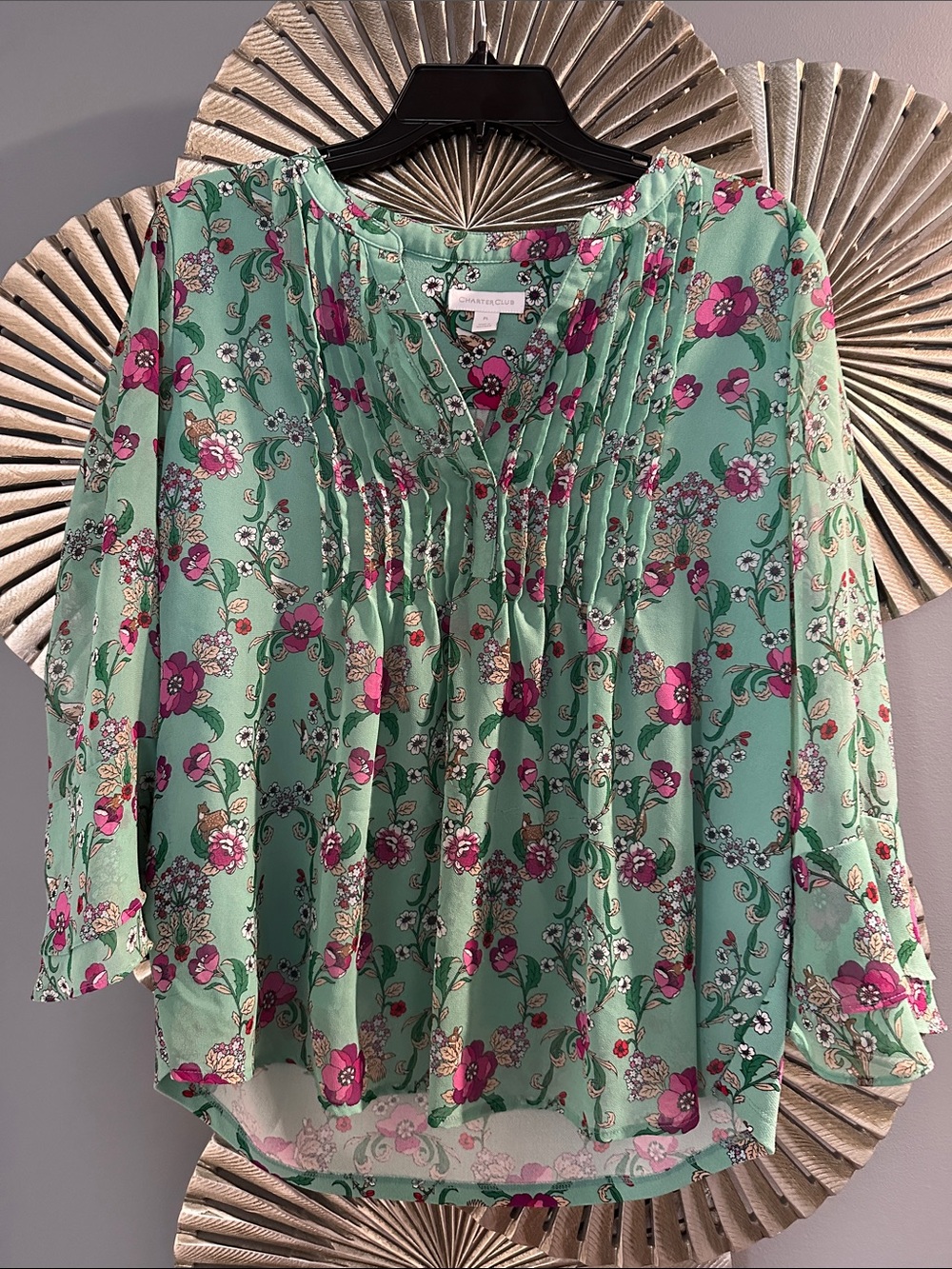 Charter Club Mint Green Floral Pintuck Peasant Blouse